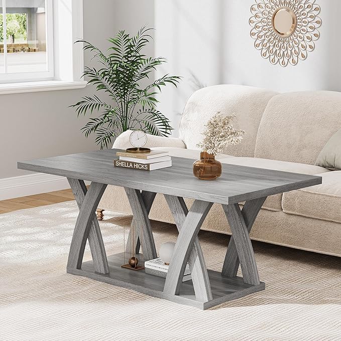 47” Wood Coffee Tables for Living Room Rustic Stands with Storage Shelf Grey Coffee Tables for Living Room Farmhouse Center Stands with Shelf Farmhouse Rectangle Center Table-CasaMuseHome