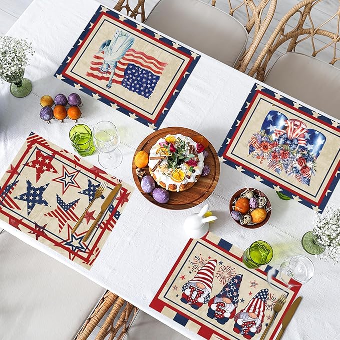 4th of July Placemats Set of 6 Patriotic Plastic Table Mats Independence Memorial Day Vintage America Flag Stars Stripe Place Mats Vinyl Table Decoration for Indoor Outdoor Party Kitchen Dining-CasaMuseHome