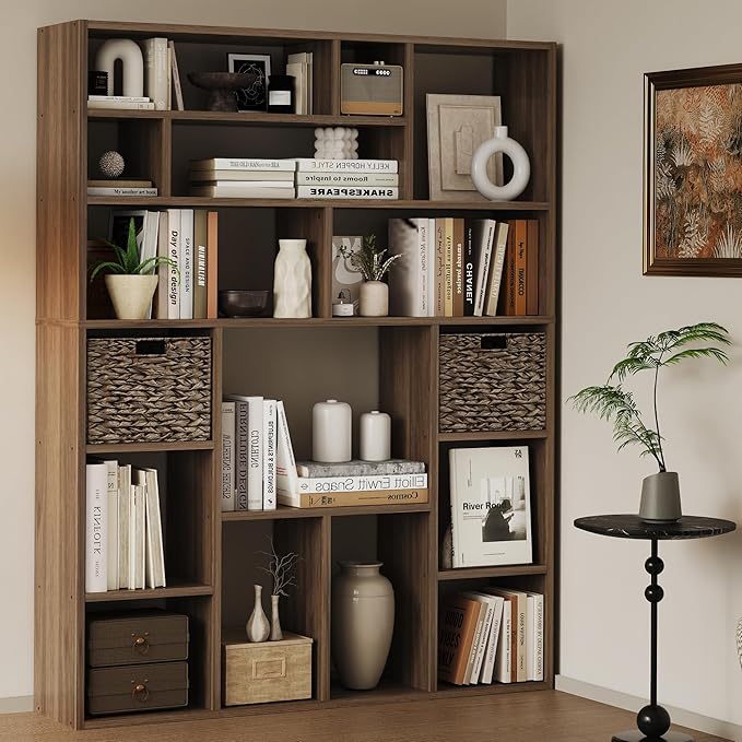 71” Tall Wooden Bookcase 6-Tier Large Bookshelves with 2 Woven Baskets, 55" Wide Floor Standing Wood Display Organizer Shelves for Living Room（Brown）-CasaMuseHome