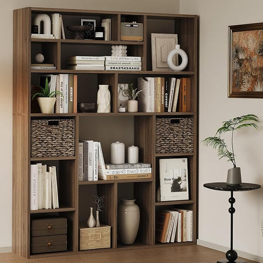 71” Tall Wooden Bookcase 6-Tier Large Bookshelves with 2 Woven Baskets, 55" Wide Floor Standing Wood Display Organizer Shelves for Living Room（Brown）-CasaMuseHome