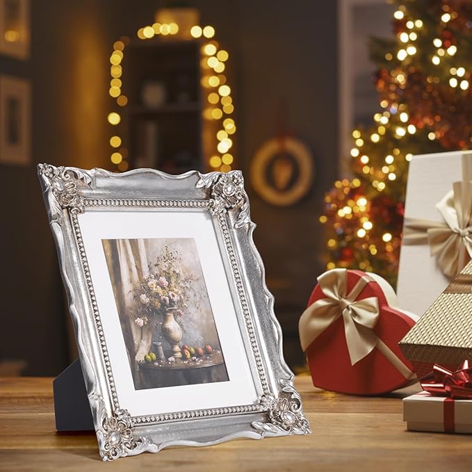 8x10 Vintage Picture Frame with Embossed Flower Design, Silver Ornate Frame for 8x10 or 5x7 Pictures with White Mat, Hand-Crafted Resin Antique Frames for Tabletop & Wall Hanging, Home Decor (Silver)-CasaMuseHome