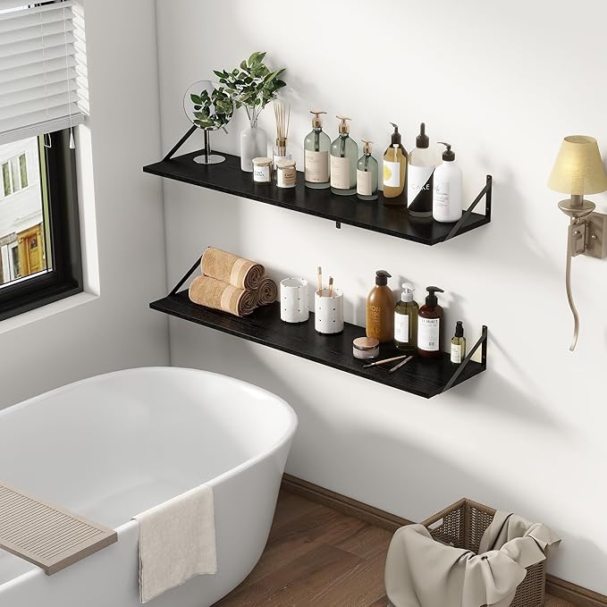 12 Inch Deep Floating Shelves, Black Floating Shelves 48W x 12D, Deep Wall Shelves Bracket Set of 2, Large Display Hanging Floating Shelf for Bathroom, Living Room, Wide Storage Wooden Wall Shelf-CasaMuseHome