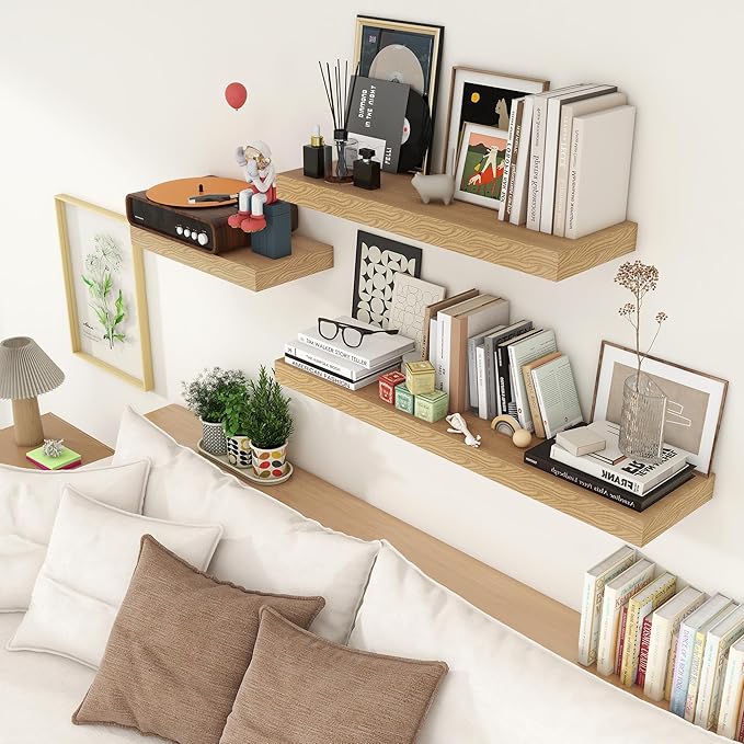 12 Inch Deep Floating Shelves for Wall, 48W x 12D Rustic Oak Wood Floating Shelves, Large Floating Shelves Set of 1 for Living Room Bathroom Laundry Room Bedroom Kitchen Home Office - Oak-CasaMuseHome