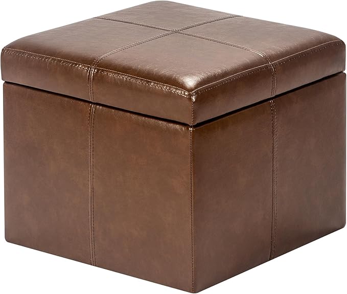 Adeco Storage Ottoman Foot Rest Stool, Leather Ottoman Footstool with Hinged Lid, 17" Small Foot Stool Bench for Living Room, Bedroom-CasaMuseHome