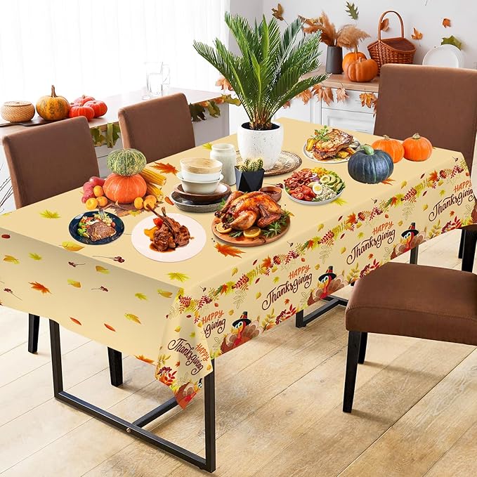 2 Pack Happy Thanksgiving Tablecloth - Fall Thanksgiving Turkey Table cloths, Disposable Plastic Rectangle Autumn Pumpkin Maple Leaf Table Cover for Thanks Giving Tables Decor Party Supplies,108x54In-CasaMuseHome