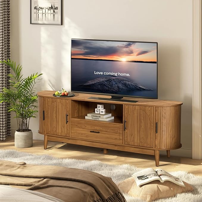 63" Fluted TV Stand for Tvs up to 70", Mid-Century Modern Entertainment Center with Drawers and Fluted Doors, Curved TV Media Console Table with Sliding Doors for Living Room, Bedroom (63")-CasaMuseHome