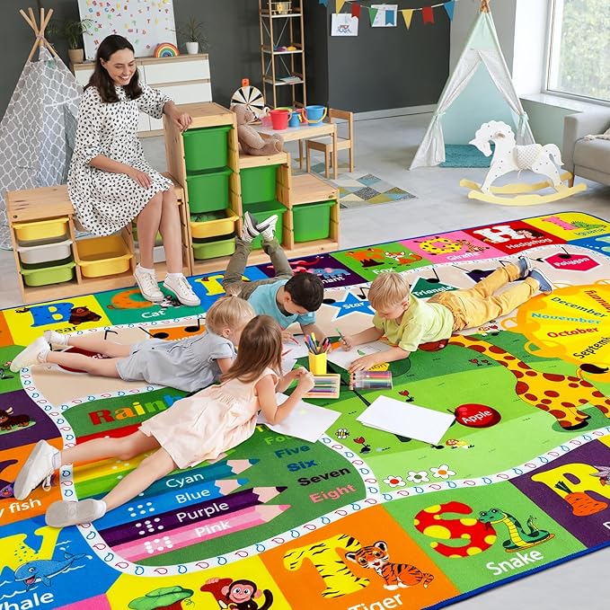 9x12 Washable Area Rug, Educational and Fun Kids Rug for Classroom Playroom Living Room Bedroom, Learning and Safe Playmat with ABC Alphabet Animals,Baby Toddler Children Play Mat-CasaMuseHome