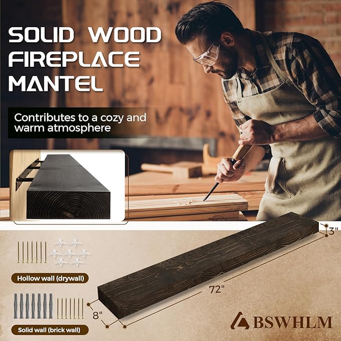 72x8x3 Fireplace Mantel - Solid Rustic Wood - Wall Mounted Floating Shelf with Invisible Heavy Duty Steel Bracket (Weathered Black)-CasaMuseHome