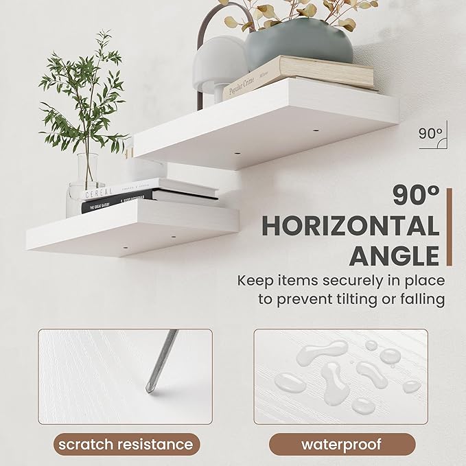 36 Inch Floating Shelves, 8 Inch Deep Floating Shelves for Wall, Hanging Shelf with Invisible Brackets, Deep Shelves for Bathroom, Bedroom, Living Room, White, Set of 2-CasaMuseHome