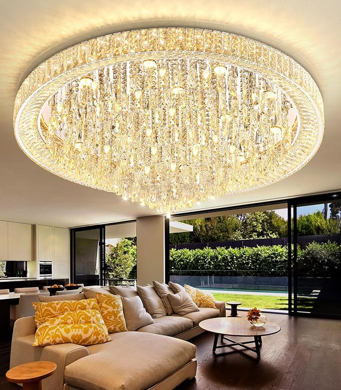 47'' Modern Chandeliers LED Dimmable Crystal Flush Mount Ceiling Chandeliers for Living Room High Ceiling Entrance Foyer Lobby Bedroom Silver-CasaMuseHome