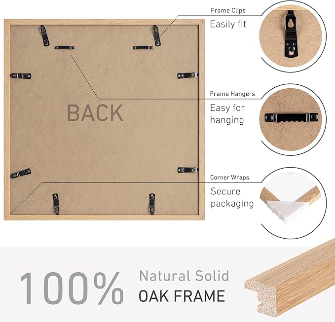 16x16 Picture Frame Set of 4 Natural Solid Oak Photo Frames with 12x12 Removable Mat Wall Hanging Large Handcrafted Frame with HD Plexiglass Wall and Tabletop Display Large Poster Frame-CasaMuseHome