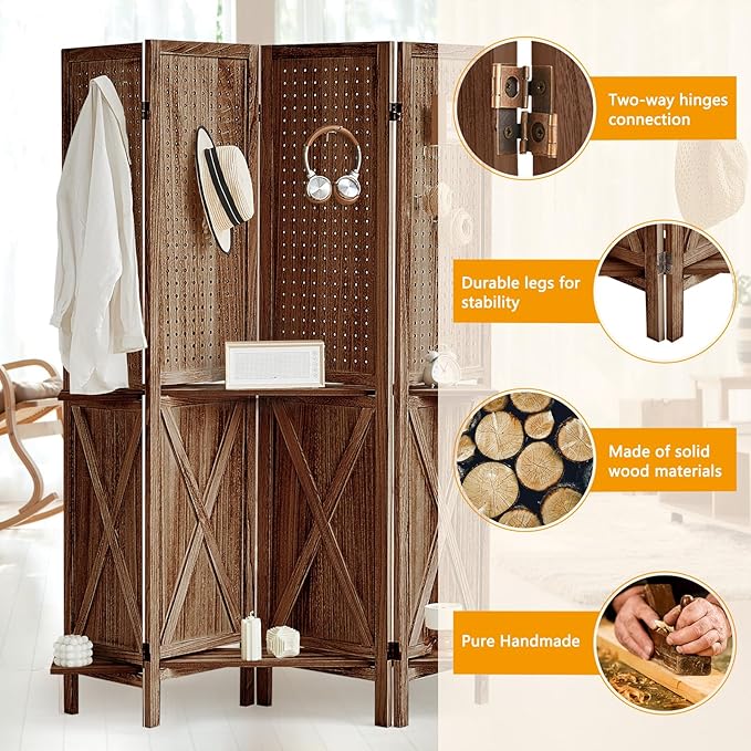 4 Panel Pegboard Display with 16 Hooks, Wooden Pegboard Room Divider Wall with Shelf, Rustic Room Dividers and Folding Privacy Screens, Bedroom, Jewelry Store, Brown-CasaMuseHome
