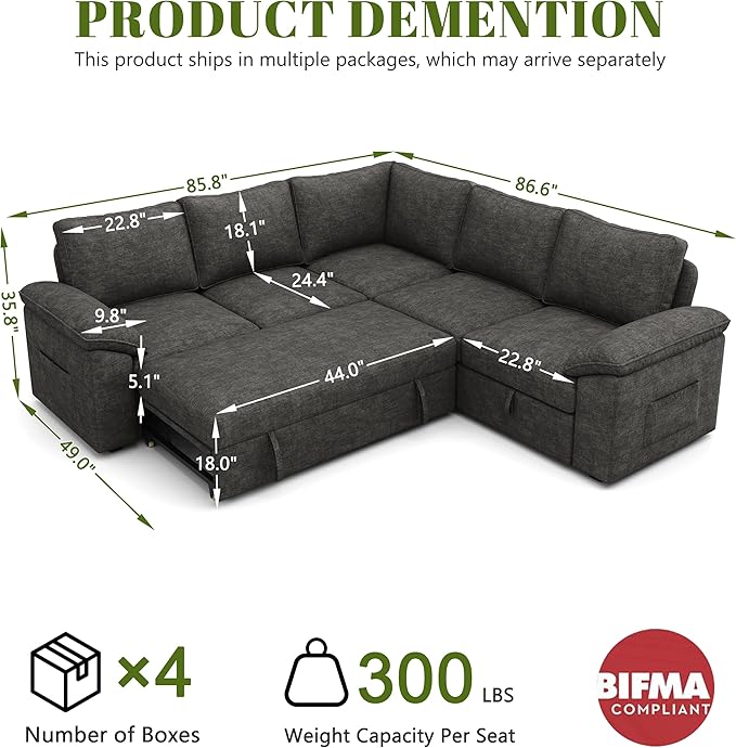 85 Inch Modular Sectional Sofa with Pull Out Bed,L Shaped 5 Seat Sectional Sleeper Sofa with Storage,Sectional Couches for Living Room,Cloud Modular Couch,Removable Sofa Cover,Dark Grey-CasaMuseHome