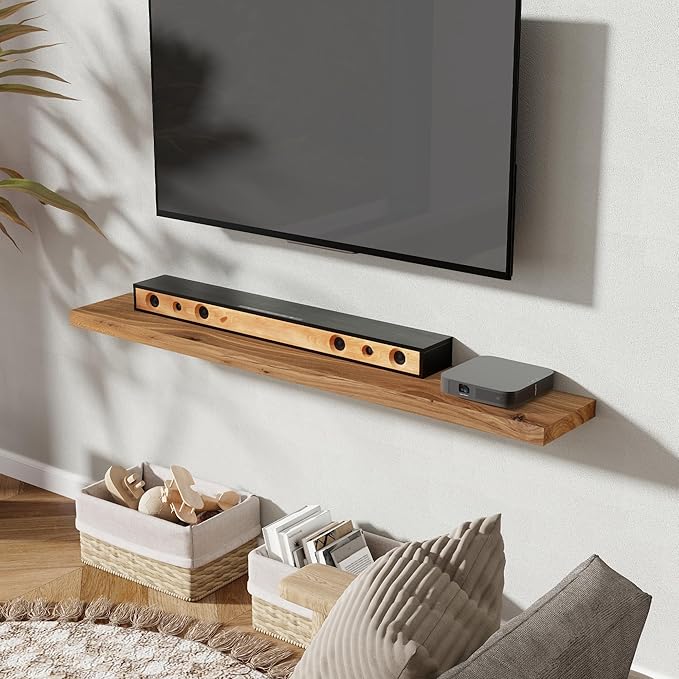 55" Floating Shelves for Wall, Rustic Elm Wood Floating Shelf for Home Decor, Wall-Mounted Display Shelves with Heavy-Duty Bracket, Long Floating Shelf for Bathroom, Kitchen, Natural Color-CasaMuseHome