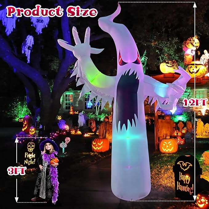 12FT Halloween Inflatables Giant White Ghost, Halloween Inflatable Outdoor Decoration, LED Colored Lights, Scary Red Eyes, Devil Claws, for Indoor and Outdoor Halloween Blow Ups Party Decorations-CasaMuseHome