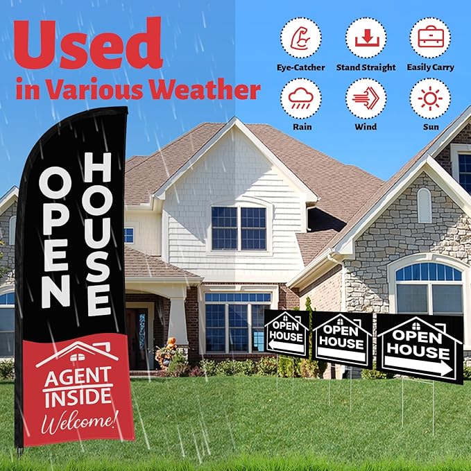44 Pcs Open House Signs for Real Estate, Double Sided Open House Flag Kit, 7.6 x 5.4 Ft Black Banner Flag Poles Set for Outside, Directional Arrows Sign Stakes Balloons for Open House Supplies-CasaMuseHome