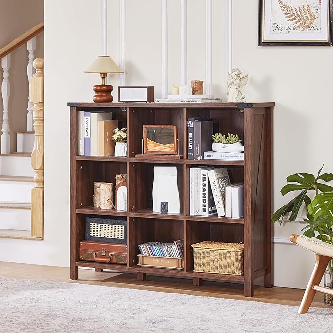 9 Cube Bookcase, Farmhouse 47 Inch Wide Brown Walnut Bookshelf, Wooden 3 Tier Display Large Open Book Shelf, Vintage Horizontal Book Case for Home Office, Cubby Storage Cabinet for Living Room-CasaMuseHome