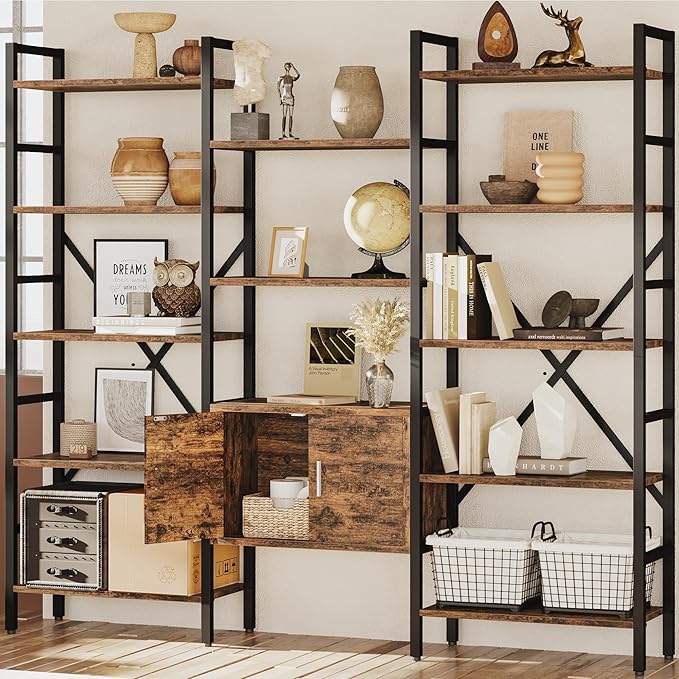 70 x70" Triple 5 Tier Book Shelf, Industrial Large Bookcase with Storage Cabinet, Tall Bookshelf with 14 Open Display Shelves Metal Frame Furniture for Living Room Bedroom Home Office Rustic Brown-CasaMuseHome