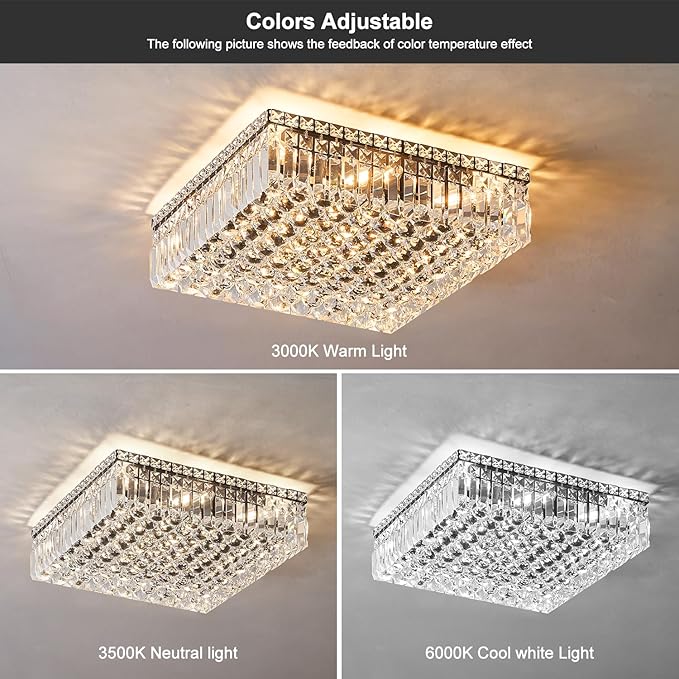 12-Lights Black Crystal Flush Mount Ceiling Light Fixtures,Elegant Crystal Chandelier Pendant Ceiling Lamp for Bedroom,Living Room,Dining Room,Hallway H5.9 x W20 x L20 (Bulb Not Included)Square-CasaMuseHome