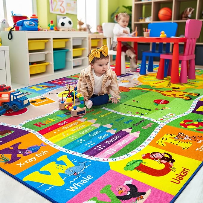 6x9 Playroom Rugs for Kids Washable, Educational and Fun Playmat with ABC Alphabet Animals Shapes Colors, Non-Slip Play Mat Learning Rugs for Baby Toddler Children Game Activity-CasaMuseHome