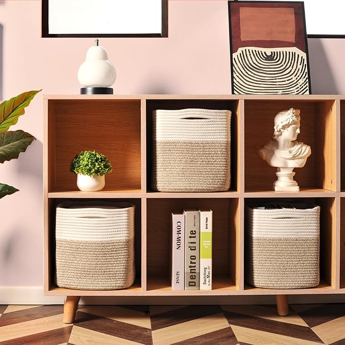 11 Inch Cube Storage Bins, Organizer Woven Cotton Rope Square Baskets for Organizing Shelves, Toys, Nursery, Off White & Brown (Pack of 3)-CasaMuseHome