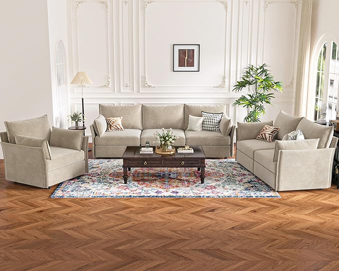 136.4" Oversized Modular Sectional Sofa, U Shaped Convertible Couch with Movable Ottoman, Large 7 Seat Corner Couches for Living Room Deep Seat Beige Chenille-CasaMuseHome