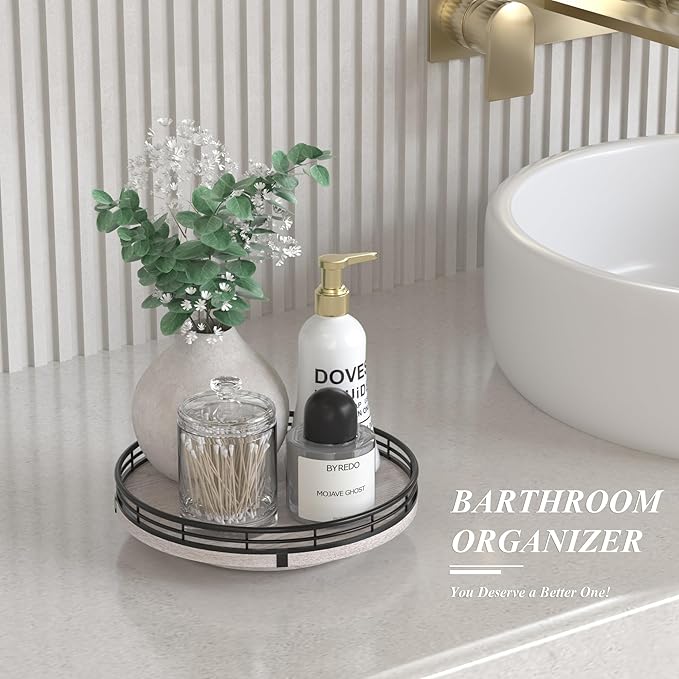 9" Wooden Lazy Susan Organizer for Cabinet, Turntable Round Decorative Tray for Kitchen Sink, Countertop Organizer, Bathroom Counter Organizer for Skincare Makeup, Rustic White-CasaMuseHome