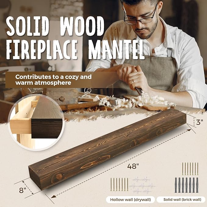 48x8x3 Fireplace Mantel - Handcrafted Hollow Rustic Solid Wood Wall Mounted Floating Shelf with Invisible Heavy Duty Wood Bracket (Weathered Brown)-CasaMuseHome