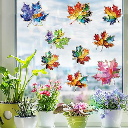 14pcs Window Decals for Bird Strikes, Anti Collision Window Clings, Rainbow Reflection Window Sticker, Maple Leaf Style Sun Catcher Stickers for Glass Windows-CasaMuseHome