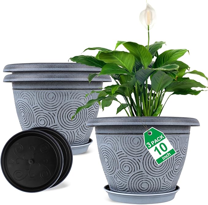 10 Inch Flower Pots Planters for Indoor Outdoor Plants, 3 Pack Plastic Large Plant Pots with Drainage Hole & Tray, Modern Decorative Garden Pot with Saucer, Plant Container for House-CasaMuseHome