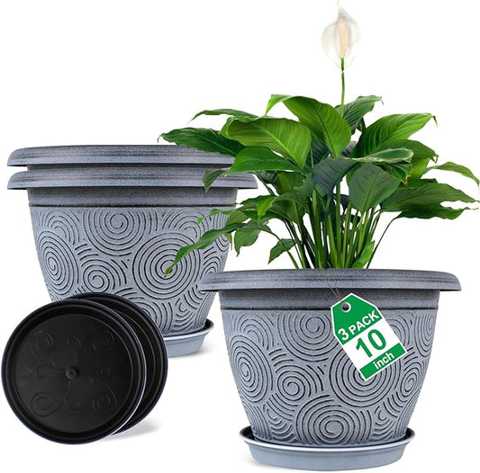 10 Inch Flower Pots Planters for Indoor Outdoor Plants, 3 Pack Plastic Large Plant Pots with Drainage Hole & Tray, Modern Decorative Garden Pot with Saucer, Plant Container for House-CasaMuseHome