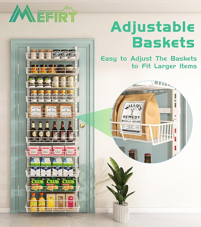 White 10-Tier Over The Door Pantry Organizer, Pantry Organization and Storage, Metal Hanging Adjustable Basket, Wall Spice Rack Seasoning Shelves, Home & Kitchen Essentials-CasaMuseHome