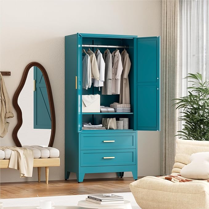 71'' Farmhouse Metal Wardrobe Cabinet with Hanging Rod, 2 Barn Door Wardrobe Closet with Adjustable Shelves,2 Drawer,for Dining Room,Bedroom,Living Room, Cloak Room,Office (Peacock Blue)-CasaMuseHome