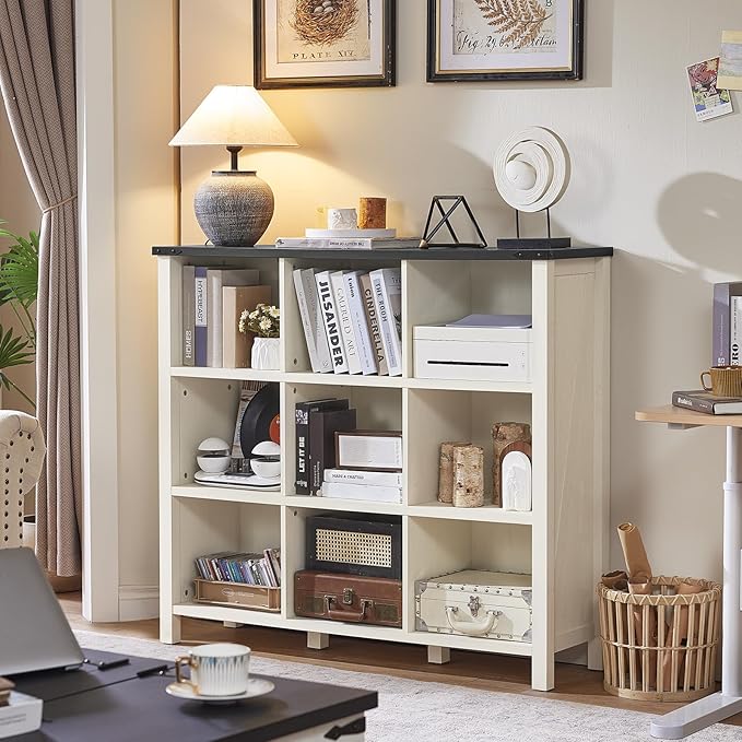 9 Cube Bookcase, Farmhouse 47 Inch Wide White Bookshelf, Wooden 3 Tier Display Large Open Book Shelf, Vintage Horizontal Book Case for Home Office, Cubby Storage Cabinet for Living Room-CasaMuseHome