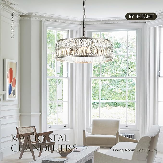 16” 4-Light Modern Crystal Chandeliers Nickel Dinning Room Light Fixture, Round Pendant Light Kitchen Island Chandelier, Flush Mount Ceiling Light for Living Room Entryway Bedroom Foyer-CasaMuseHome