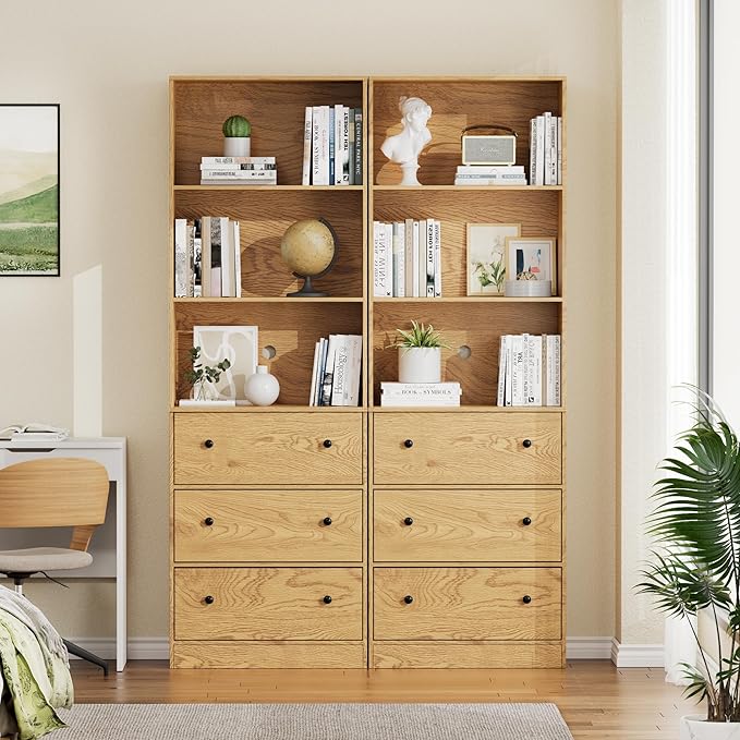 71" Tall Bookshelves Set of 2, Bookcases with Drawers, Bookshelves with Storage, Wooden Bookshelf with 3 Drawers & 3-Tier Open Shelves,Home Decor Furniture for Living Room,Bedroom,Home,Natural-CasaMuseHome