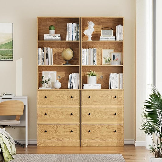 71" Tall Bookshelves Set of 2, Bookcases with Drawers, Bookshelves with Storage, Wooden Bookshelf with 3 Drawers & 3-Tier Open Shelves,Home Decor Furniture for Living Room,Bedroom,Home,Natural-CasaMuseHome