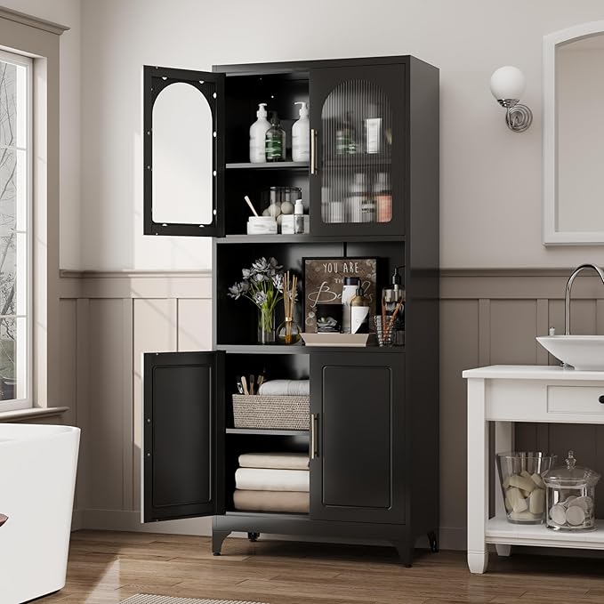 75" Tall Kitchen Pantry Cabinet, Metal Storage Cabinets with Acrylic Doors and Adjustable Shelves, Hutch Cabinet with Storage, Black Microwave Stand Cabinets for Dining Living Room-CasaMuseHome