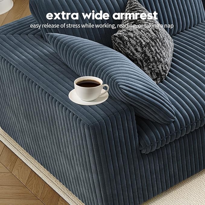 157.5" Cloud Couch Modular Sectional Sofa for Living Room,Modern Sofa with Deep Seat，4 Seater Boneless Couch,Comfy Upholstered Corduroy Couches for Apartment, Studio, Office,Bedroom，Blue-CasaMuseHome