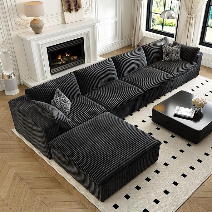 157.5" Cloud Couch Modular Sectional Sofa for Living Room,Modern Sofa with Deep Seat，L-Shape Boneless Couch with Ottoman,Comfy Upholstered Corduroy Couches for Apartment, Studio, Office,Bedroom，Black-CasaMuseHome