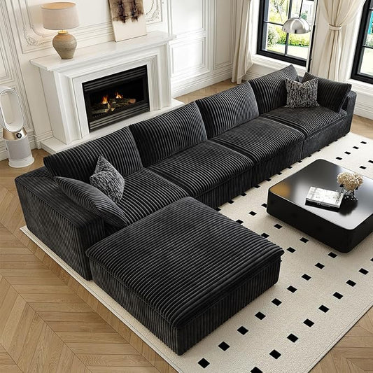 157.5" Cloud Couch Modular Sectional Sofa for Living Room,Modern Sofa with Deep Seat，L-Shape Boneless Couch with Ottoman,Comfy Upholstered Corduroy Couches for Apartment, Studio, Office,Bedroom，Black-CasaMuseHome