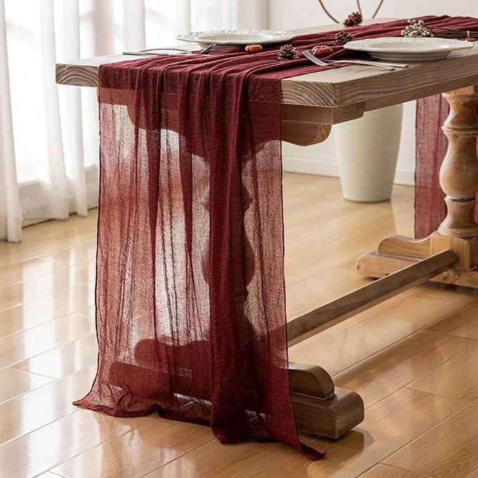 6pcs Burgundy Cheesecloth Table Runner Gauze 120 Inch 10 FT Rustic Boho Cheese Cloth Runner for Wedding Baby Shower Bridal Shower Engagement Birthday Party Long Sheer Home Decorations-CasaMuseHome