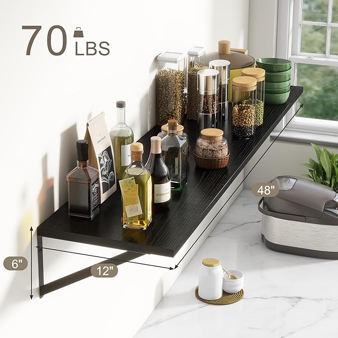 12 Inch Deep Floating Shelves, Black Floating Shelves 48W x 12D, Deep Wall Shelves Bracket Set of 2, Large Display Hanging Floating Shelf for Bathroom, Living Room, Wide Storage Wooden Wall Shelf-CasaMuseHome