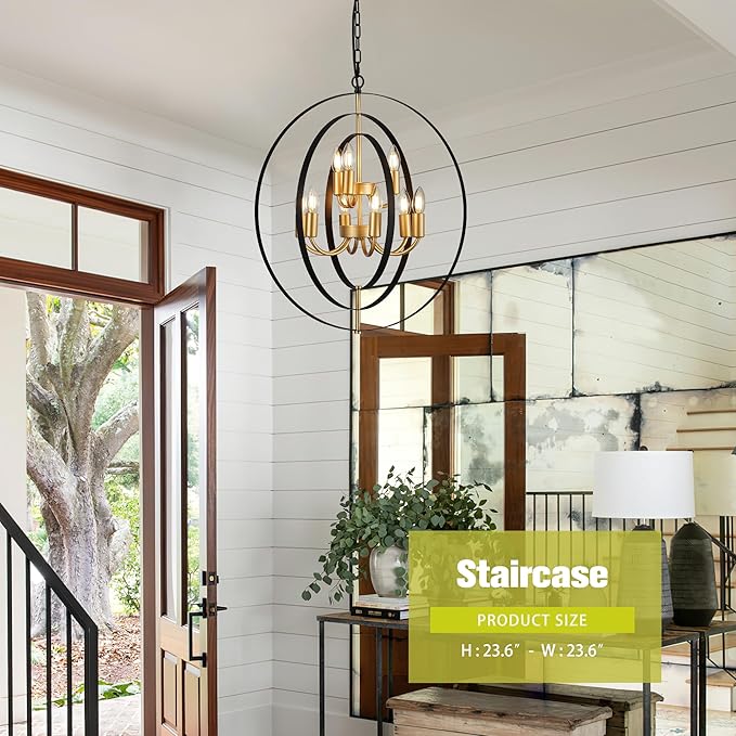 9-Light Globe Rustic Metal Chandelier, 23.6" Black Gold Adjustable Hanging Ceiling Pendant Light Fixture for Entryway Foyer Stairway Bedroom Dining Living Room Hallway-CasaMuseHome