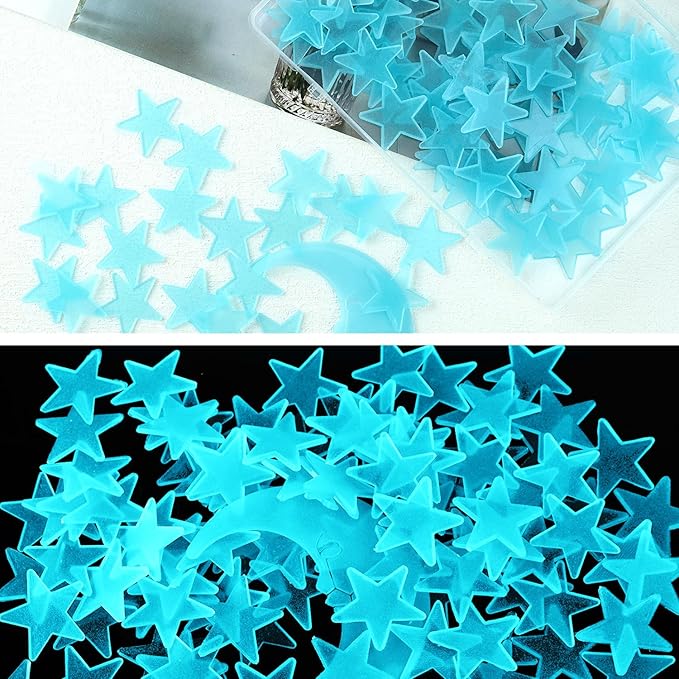 100 Stars and 1 Moon Glow in The Dark Luminous Fluorescent 3D Plastic Glow Stars Moon for Ceiling, Glowing Wall Stickers Create a Realistic Starry Sky, Room Decorations (Blue)-CasaMuseHome