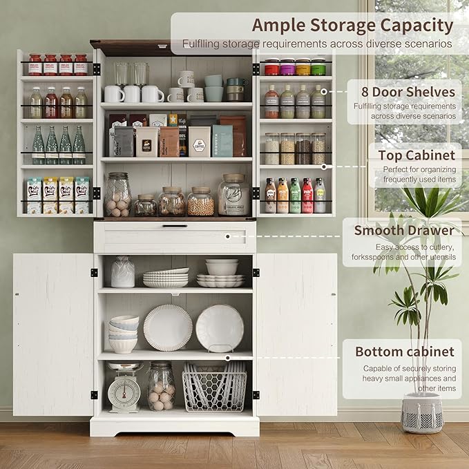 72'' Kitchen Storage Pantry Cabinet, Tall Storage Cabinet with 8 Door Shelves, 2 Cabinets and 1 Drawer, Freestanding Cupboard for Kitchen, Dining Room, Bathroom, Laundry, Off White-CasaMuseHome