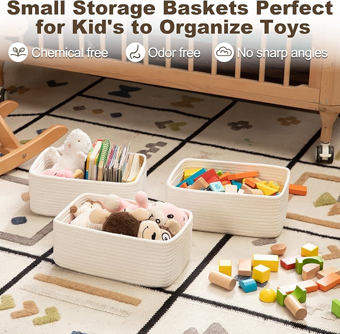 3 Pack Small Storage Baskets for Organizing, Cute Woven Decorative Gift Baskets for Shelves, Mini Closet Organizer Bins with Handles, 11.81''Lx7.87''Wx4.72''H-White-CasaMuseHome