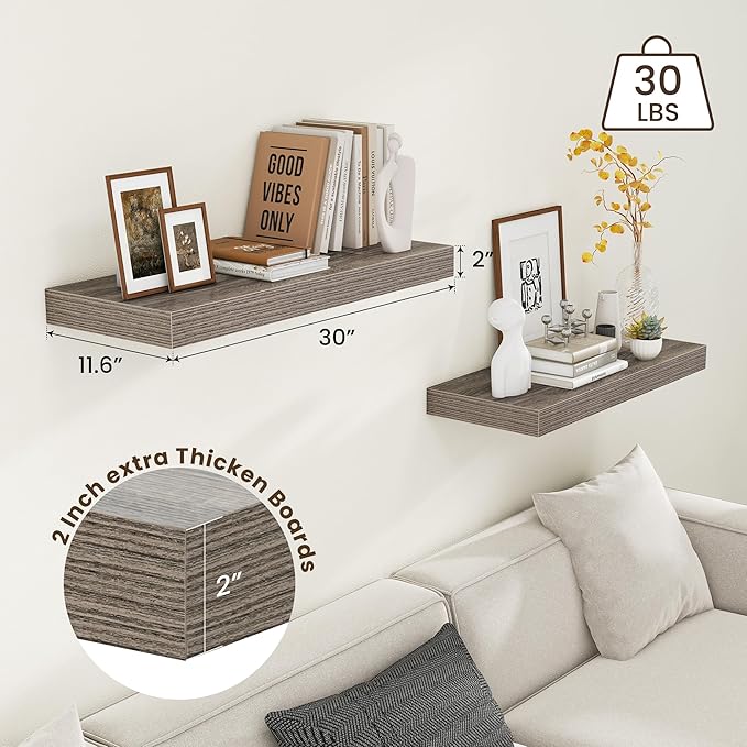 12 Inch Deep Floating Shelves for Wall | 30 Inch Floating Shelves Set of 2 | Rustic Grey Wood Shelves for Living Room Bathroom Laundry Room Bedroom Kitchen Home Office - Rustic Grey-CasaMuseHome