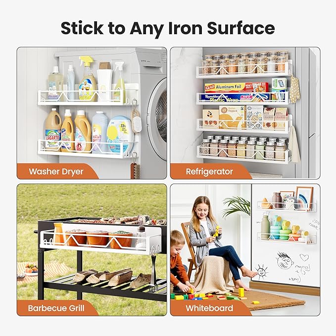 16.9 Inch Wide Large Capacity Magnetic Spice Rack for Refrigerator, 4 Pack Metal Fridge Shelf, White-CasaMuseHome