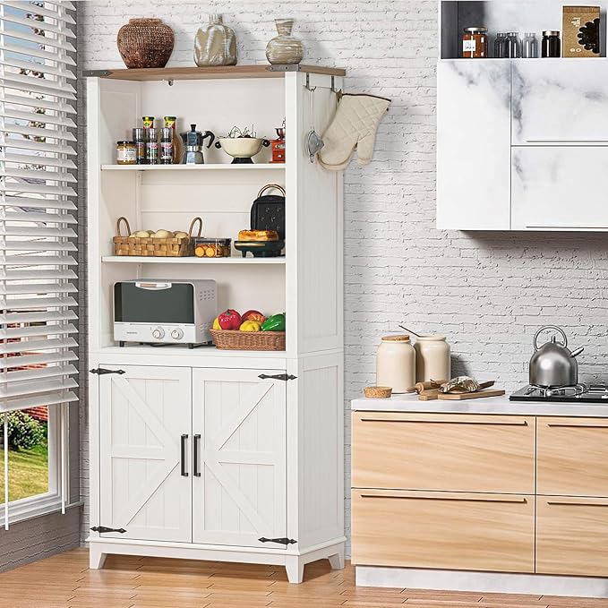 5 Tier Bookshelf 70in Tall Bookcase with Barn Doors and Storage Cabinet, White Farmhouse Book Shelf with Adjustable Shelves, Wood Freestanding Display Bookshelves for Bedroom, Kitchen (2PCS)-CasaMuseHome